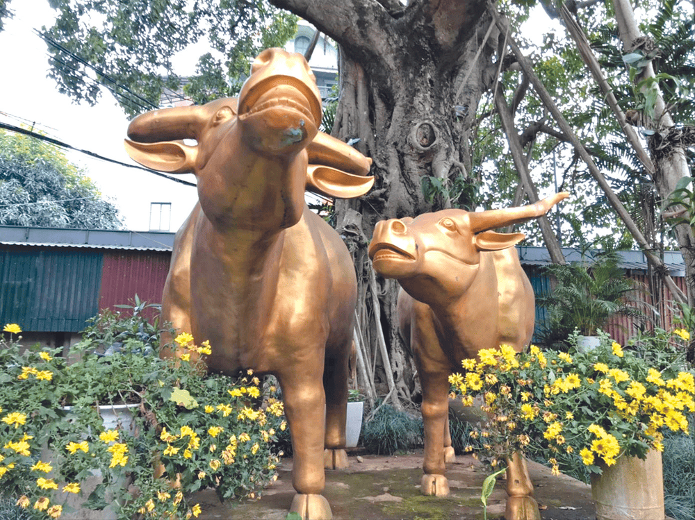 Bên trong Đền Kim Ngưu có hai tượng trâu vàng lớn (Nguồn: Báo Tiền Phong)